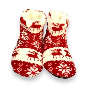NEW Red & White Reindeer Cozy Furry Lined Slippers No Slip Sole EUR 37-38/US 7
